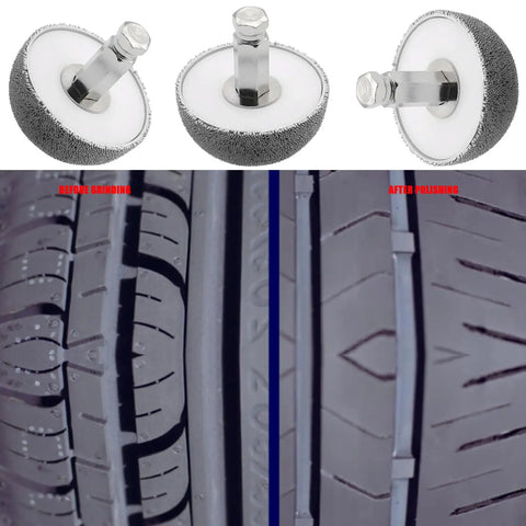 User Friendly Aluminum Anodizing Buffing Wheel Polishing Tool For Rubber Removal And Surface Smoothing Perfect For Auto Repair And Home Reno Projects shown before and after polishing tire surface.