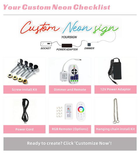 Custom Neon Sign installation kit with dimmer, power adapter, RGB remote, screws, and chain for personalized LED signs.