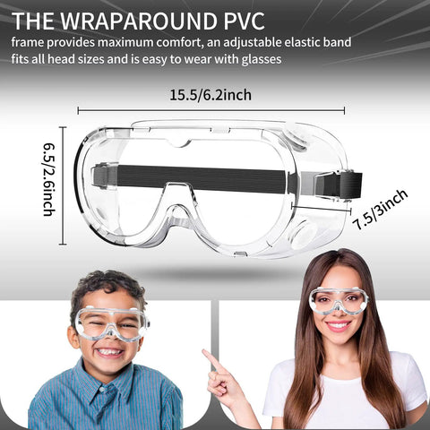 Anti Fog Safety Goggles With Scratch Resistant Lenses For Chemistry Lab Woodworking Painting Construction And Mowing, All Day Comfort Fit And Eye Protection Against Dust And Liquids, Fits Over Most Glasses, Pro Grade Durable Industrial Gear. Clear PVC goggles with adjustable elastic headband.