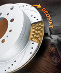 Close-up of Geomet Coated Disc Rotors front and rear with ceramic brake pads brake kit for 2007 2021 Toyota Tundra