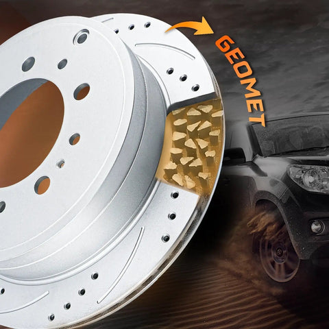 Close-up of Geomet Coated Disc Rotors front and rear with ceramic brake pads brake kit for 2007 2021 Toyota Tundra