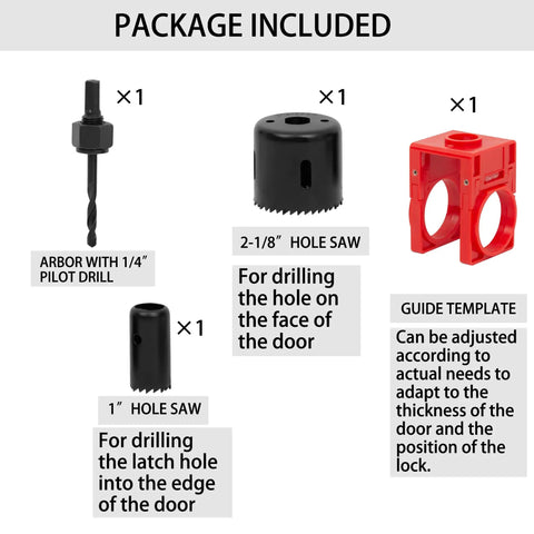 Door Lock Installation Kit For Wooden Doors With Carbon Steel Hole Saw Set And Guide Template Includes Two And One Eighth Inch And One Inch Hole Saws Arbor And Drill Bit For Easy Pro Level Install showing package contents
