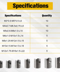 50 Piece Stainless Steel Threaded Inserts Set For Metal Wood Plastic M3 To M12 Self Tapping Helical Coil Thread Repair Inserts Kit With Storage Case For DIY Repairs Furniture Machinery And General Metalworks; size chart and insert sizes