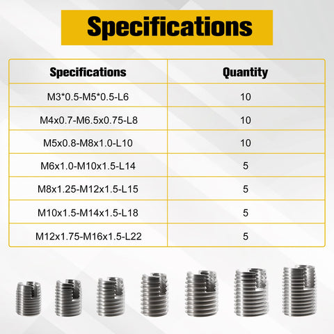 50 Piece Stainless Steel Threaded Inserts Set For Metal Wood Plastic M3 To M12 Self Tapping Helical Coil Thread Repair Inserts Kit With Storage Case For DIY Repairs Furniture Machinery And General Metalworks; size chart and insert sizes