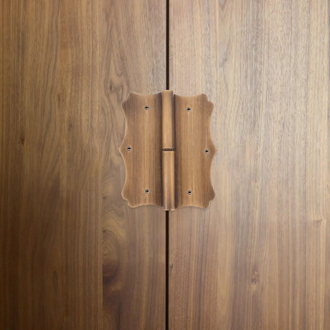 Heavy Duty Copper Door Hinges With Vintage Retro Style And Decorative Edges Installed on Wooden Door Surface