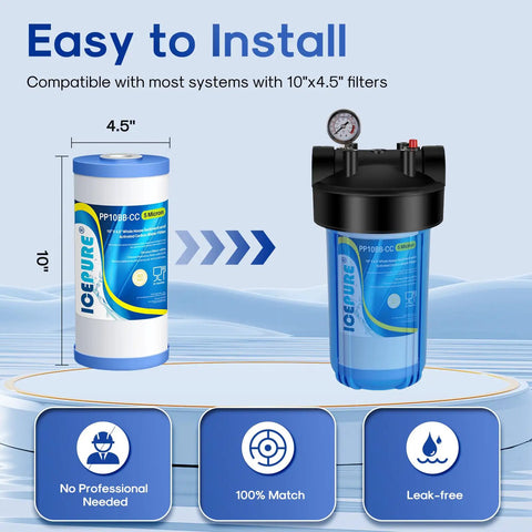 5 Micron 10 Inch X 4.5 Inch Whole House Water Filter Replacement Compatible With GE FXHTC GXWH40L RFC-BBSA pack shown with dimensions