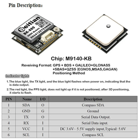 Quad GNSS GPS Module With Built-In QMC5883 Compass Active Antenna showing pin description and chip details