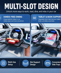 Solid Cruiser Steering Desk For Tesla Cybertruck Foundation Series 2024 To 2026 With Expandable Laptop And Dining Tray clamped with food and tablet support.