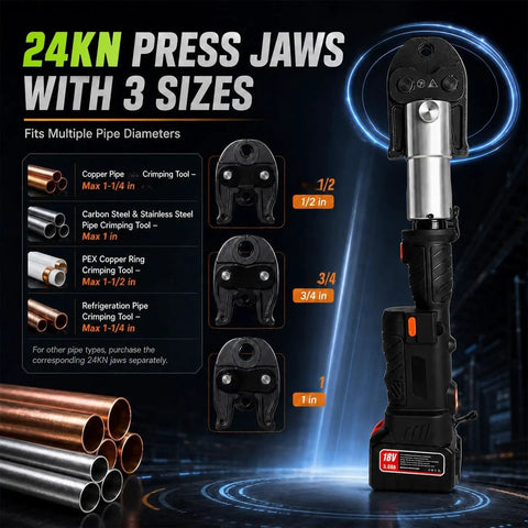24KN press jaws for Heavy Duty 18V Cordless Copper Crimper With 24KN Force, fits 1/2, 3/4, and 1-inch pipe diameters.