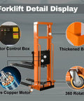 Electric Pallet Stacker With Fixed Legs For Lifting Heavy Loads Up To 1300 Lbs And 63 Inches High showing motor control box and thickened body.