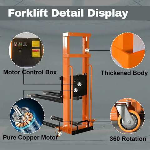 Electric Pallet Stacker With Fixed Legs For Lifting Heavy Loads Up To 1300 Lbs And 63 Inches High showing motor control box and thickened body.