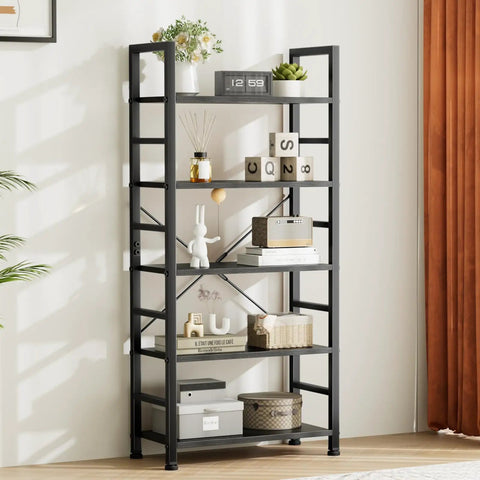 Five Tier Bookshelf Tall Display Stand For Bedroom Living Room And Home Office Industrial Style Black Storage Rack