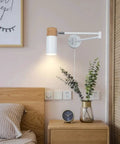 Plug In Swing Arm Wall Lamp With Wood Head, Modern White Finish in bedroom, 180 Degree Arm, E26 LED Ready Reading Light for Bedside