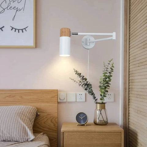 Plug In Swing Arm Wall Lamp With Wood Head, Modern White Finish in bedroom, 180 Degree Arm, E26 LED Ready Reading Light for Bedside