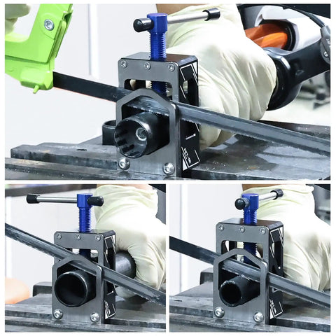 Bike Saw Guide For Road And Mountain Bikes Pro Grade Adjustable Aluminum Alloy Cutter in use with fork