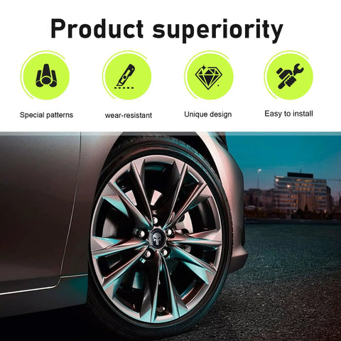 Badass Metal Skull Wheel Center Caps 4 Piece Set Waterproof Self Adhesive Aluminum Hub Covers For Your Rig close-up on stylish black rim.