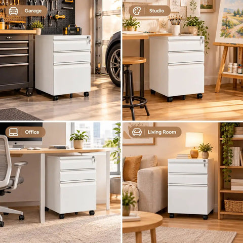 Built Tough As Nails Three Drawer Rolling Tool Chest With Swivel Wheels And Heavy Duty Locks Slick White Steel Shop Organizer in garage setting.