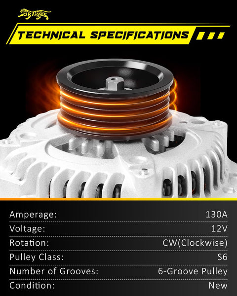 Beefed-Up 12V 130A Alternator For Honda Pilot 2009-2011 Odyssey 2008-2010 Ridgeline 2009-2011 And Acura MDX RL TL TSX ZDX With 6 Groove Pulley CW Rotation New OE 31100 RGW A01 Replacement technical specifications displayed