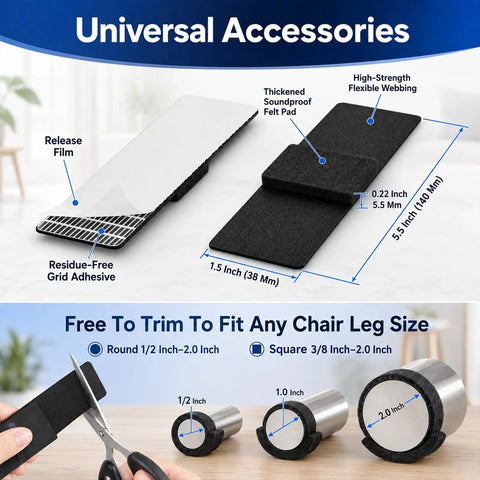 10 Pack Sled Base Chair Floor Protectors Wrap Around Felt Pads For Sled Base Chairs showing adhesive and trim fit guide
