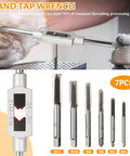 Heavy Duty 8 Piece Metric Thread Taps Set With Adjustable Tap Wrench High Speed Steel M3 Through M12 showing 7 taps and wrench for home repairs.