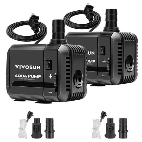 Two black VIVOSUN Aqua Pump submersible water pumps (2-pack) with cords and two nozzles, 210 GPH, 8W