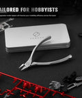 Ultra Precision Stainless Steel Gundam Nippers For Hobbyists Ergonomic Model Cutter with case and model parts visible.