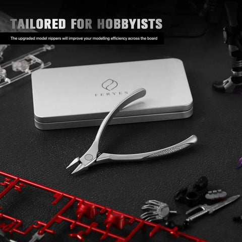Ultra Precision Stainless Steel Gundam Nippers For Hobbyists Ergonomic Model Cutter with case and model parts visible.