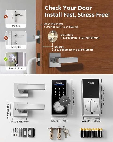 Wifi Smart Deadbolt Lock Set With Two Lever Handles And Keypad Front Door Upgrade with installation details and dimensions.