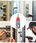 Collage of lock lubricant powder for keyholes and lock cores, easy apply on door locks, ideal for home garage RV dorms workshops.