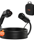 21 Foot J1772 EV Charger Extension Cable 48 Amp Heavy Duty Charging Cord For Electric Cars with black plugs coiled in a tote.