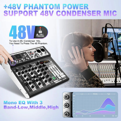 4 Channel Karaoke DJ Mixer With Bluetooth USB Audio Interface 16 Bit DSP Effects Plus 48V Phantom Power next to singer recording