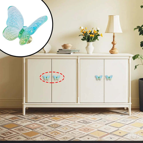 Butterfly Glass Cabinet Knobs Set Of 5 In Blue Green on white cabinet, decorative hardware showcased in modern living room