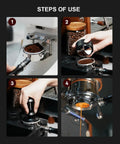 Steps of use for Kickstart Your Brew Routine With Top Shelf 58mm Bottomless Portafilter featuring aluminum handle and 18g basket.