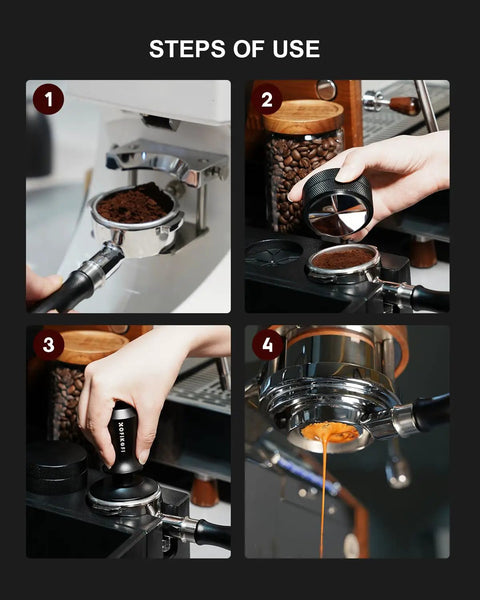 Steps of use for Kickstart Your Brew Routine With Top Shelf 58mm Bottomless Portafilter featuring aluminum handle and 18g basket.