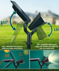 Dual Color Solar Powered Garden Lights Set Of 6 Wall Or Ground Mount Waterproof Outdoor Pathway Driveway Palm Trees Landscape Lighting For Yard Walkway And More with adjustable solar panel and light head, demonstrating 180-degree rotation.