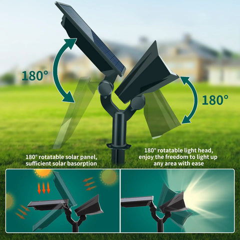 Dual Color Solar Powered Garden Lights Set Of 6 Wall Or Ground Mount Waterproof Outdoor Pathway Driveway Palm Trees Landscape Lighting For Yard Walkway And More with adjustable solar panel and light head, demonstrating 180-degree rotation.