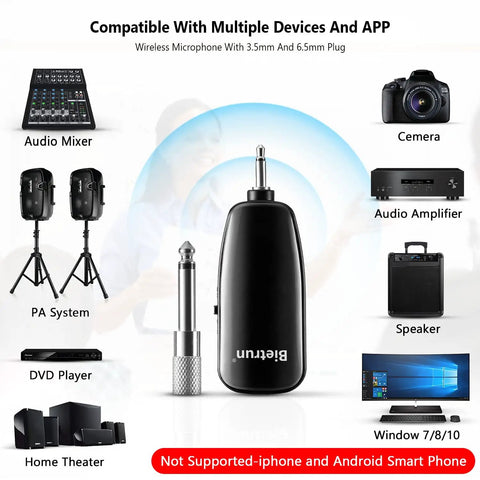 UHF Wireless Headset Microphone System with 160 feet range shown with device compatibility icons and 3.5mm, 6.35mm plugs