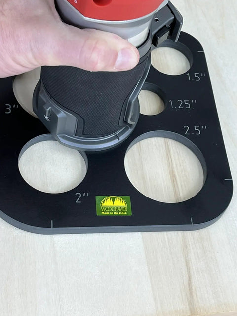Top Shelf 11 Piece Phenolic Corner Radius And Circle Template Set with circle cut templates and router in use.
