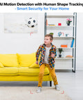 Boy playing in living room monitored by 1080p WiFi Security Cam With Night Vision Indoor Outdoor Nanny Cam For Home Or Office Local And Cloud Storage Quick Setup Sleek Minimalist Build That Blends In Anywhere.