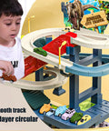 Child playing with Epic Toy Car Ramp Track Set With Railcar Slot Cars And 20 Mini Cars featuring a 7-layer circular track
