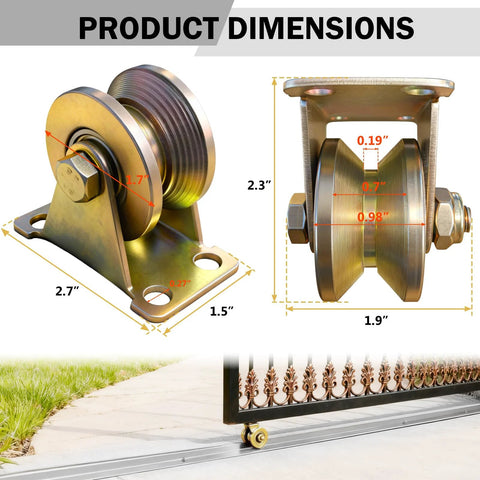 4-pack heavy-duty 2-inch V-groove gate casters with mounting plates; sliding gate rollers, 660 lb capacity.