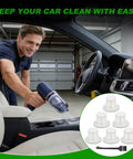 Man cleaning car interior with handheld vacuum and HEPA Vacuum Filter Replacement Compatible With LT-117C Handheld Car Vacuum Cleaner Six Pack visible