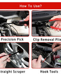 17 Piece Mechanic Hook And Pick Tool Set with auto trim removal, showing precision pick, pliers, scraper, hook tools in use.