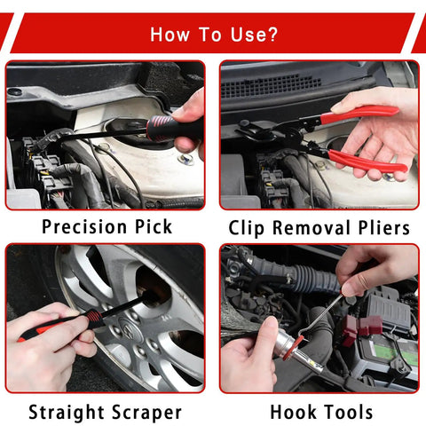 17 Piece Mechanic Hook And Pick Tool Set with auto trim removal, showing precision pick, pliers, scraper, hook tools in use.