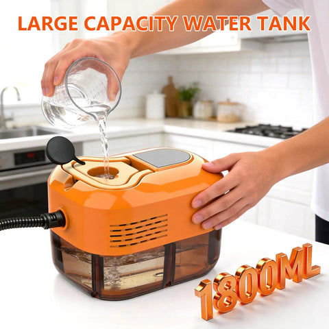Heavy Duty Handheld Steam Cleaner For Home And Car 1500W with large 1800ML water tank being filled in a kitchen.