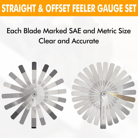 Front view of Maclia 2-piece stainless steel feeler gauge set with circular blade wheels and SAE/metric markings.