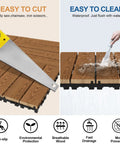 Image showing interlocking wood deck tiles being cut and cleaned, focusing on the 12x12 inch durable waterproof Khaki Pine tiles.