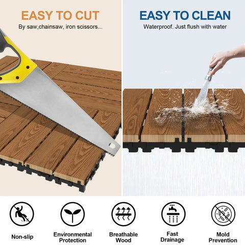 Image showing interlocking wood deck tiles being cut and cleaned, focusing on the 12x12 inch durable waterproof Khaki Pine tiles.