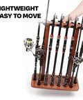 Wood Floor Standing Fishing Rod Storage Rack For Garage Holds Up To Fourteen Rods Or Combos Built Tough With 100 Percent Wood Construction Stable Double Column Design And Easy Access Rubber Clip Top in use