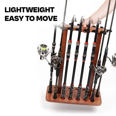 Wood Floor Standing Fishing Rod Storage Rack For Garage Holds Up To Fourteen Rods Or Combos Built Tough With 100 Percent Wood Construction Stable Double Column Design And Easy Access Rubber Clip Top in use